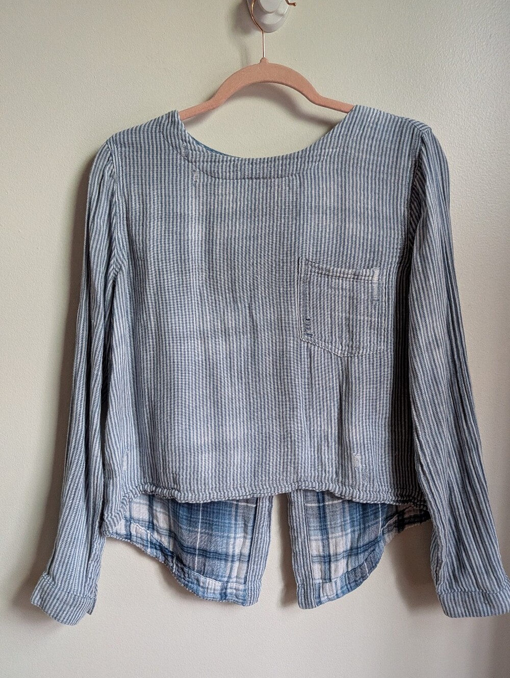 CLOTH & STONE Striped Blue Cotton Distressed Casual Long Sleeve Top Size Small